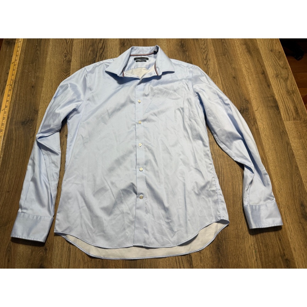 Tommy Hilfiger Shirts Mens Size 16 34/35 Blue Button Up Shirt Slim Fit Stretch